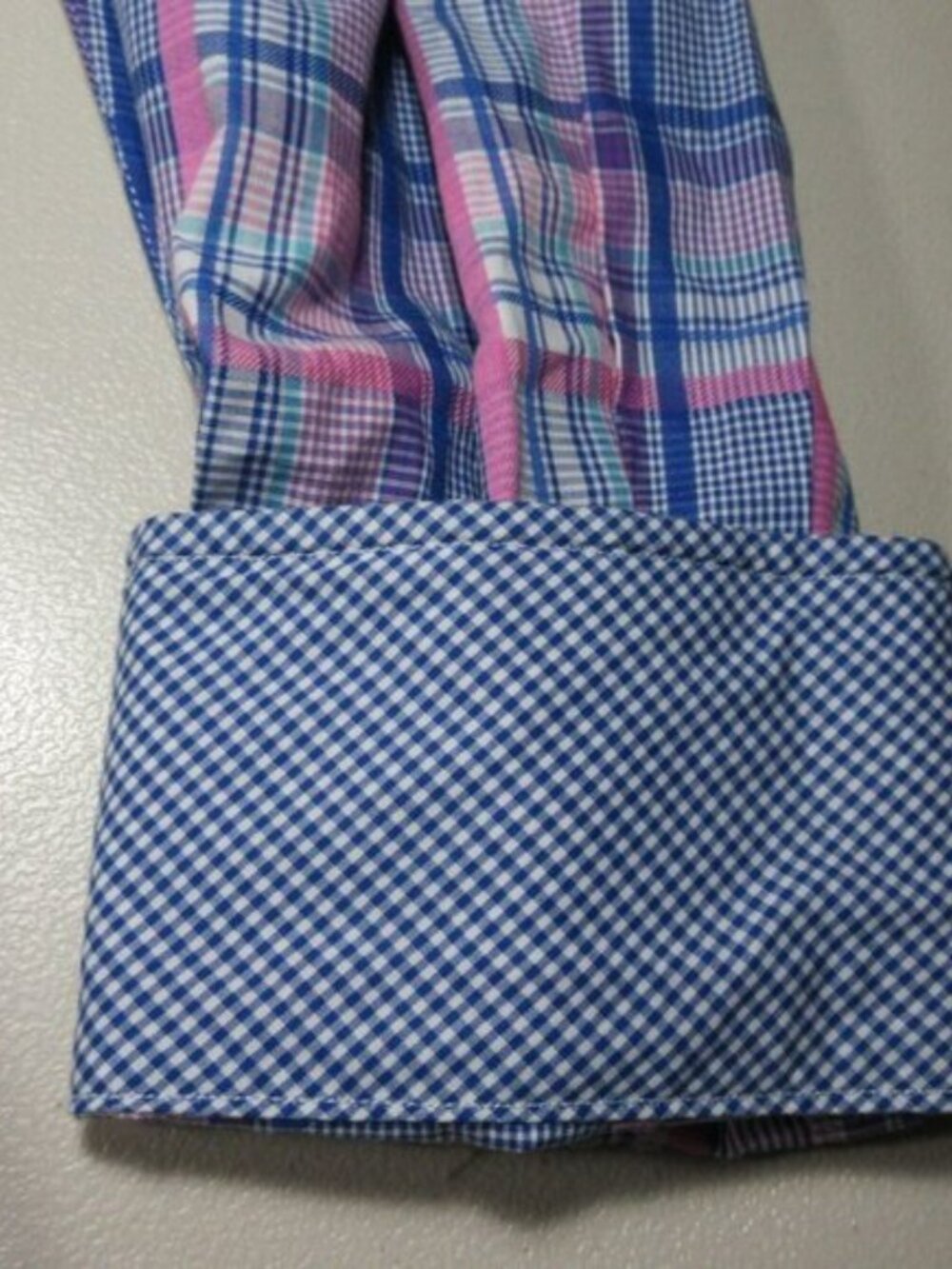 TailorByrd mens blue white ocean pink plaid flip cuff button front shirt L EUC